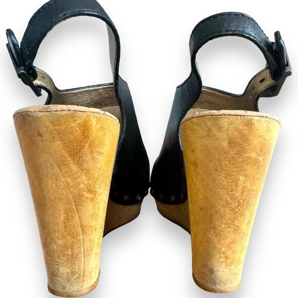 Sam Edelman Camilla Black Leather Open Toe Slingback Wood Wedge Heels Size 6 - Picture 6 of 11